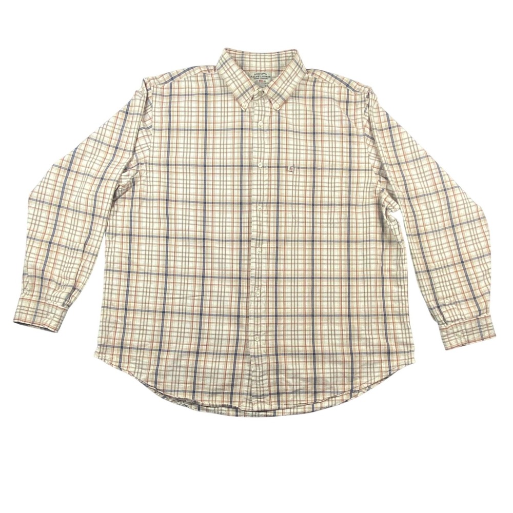 Ralph Lauren Jeans Co Mens XXL Plaid Button Down Shirt Tan Blue Orange Cotton